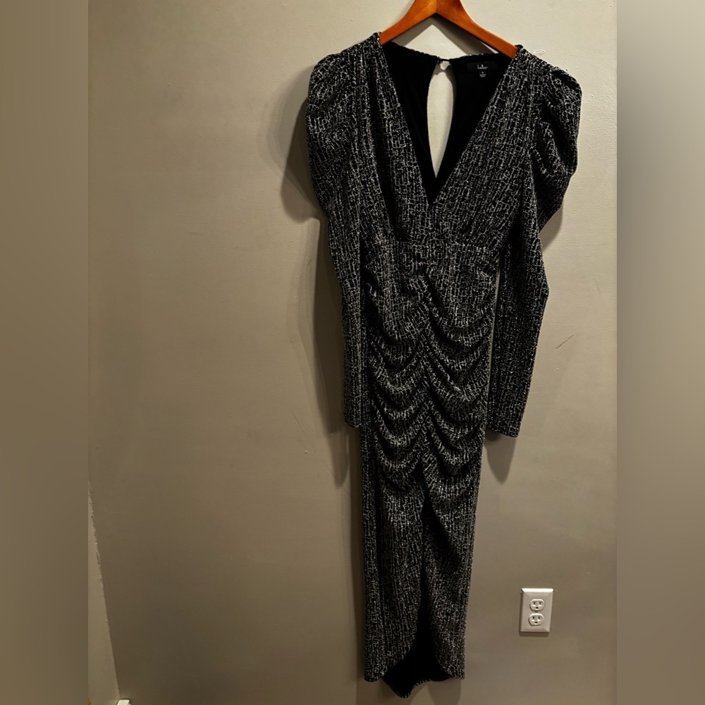 Lulu's Black and White Sheath Dress Puff Sleeve sparkle formal form fit holiday - Picture 7 of 13